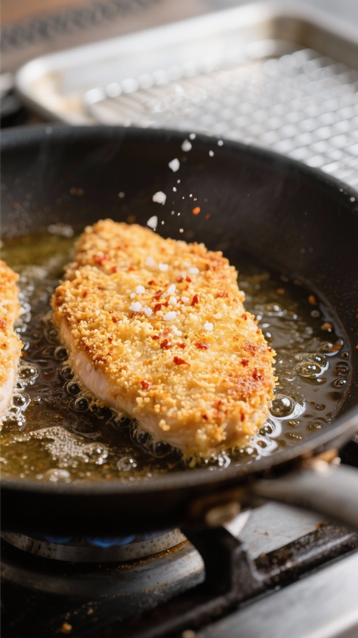Cooking process close-up: Golden, panko-Parmesan crusted chicken cutlet sizzling in a shallow layer 