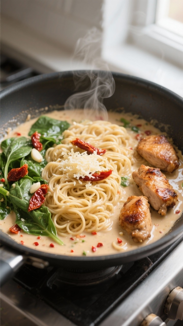 Cooking process close-up: In a wide, shallow skillet, ramen bricks soften and unfurl directly in a s