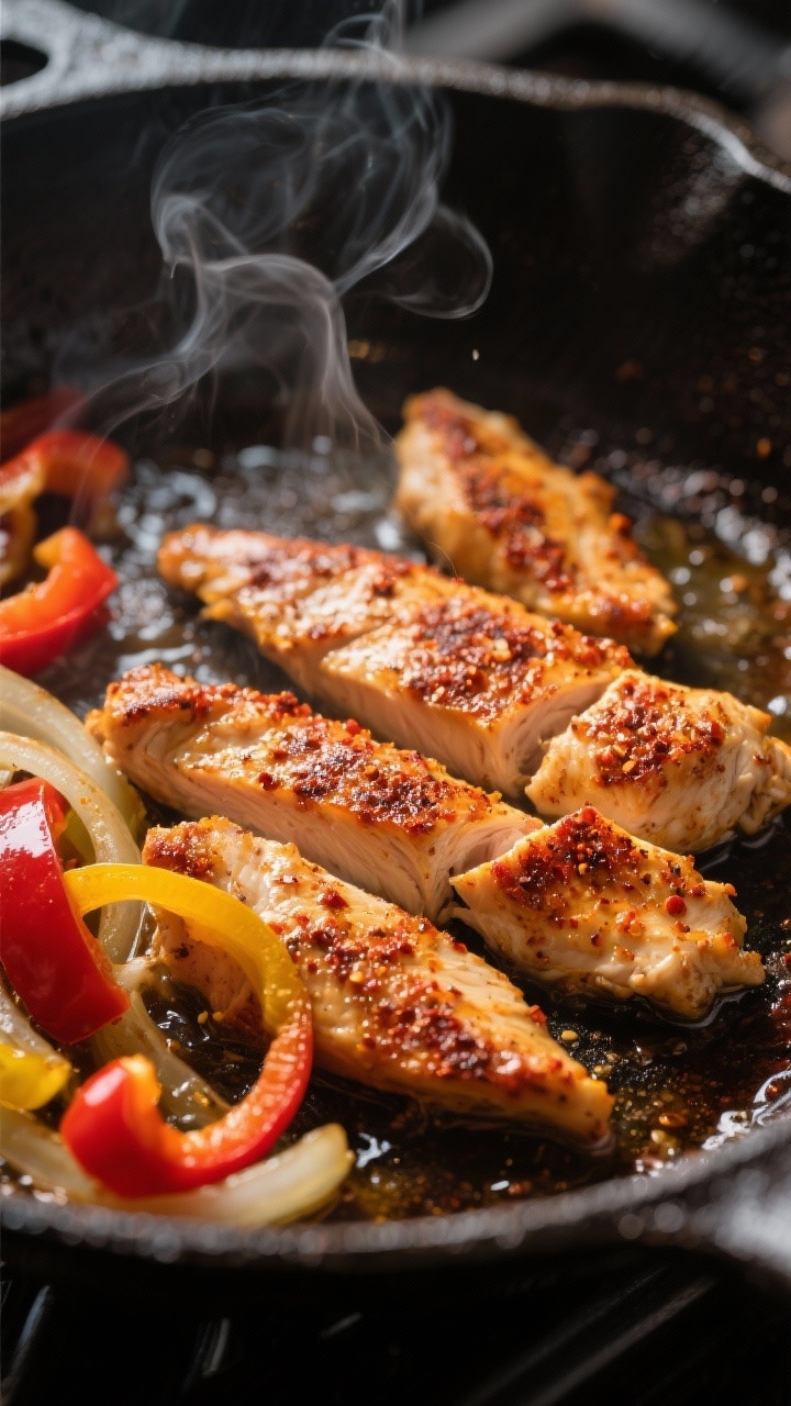 Cooking process close-up: Searing Cajun-seasoned chicken strips in a large skillet, golden-brown cru