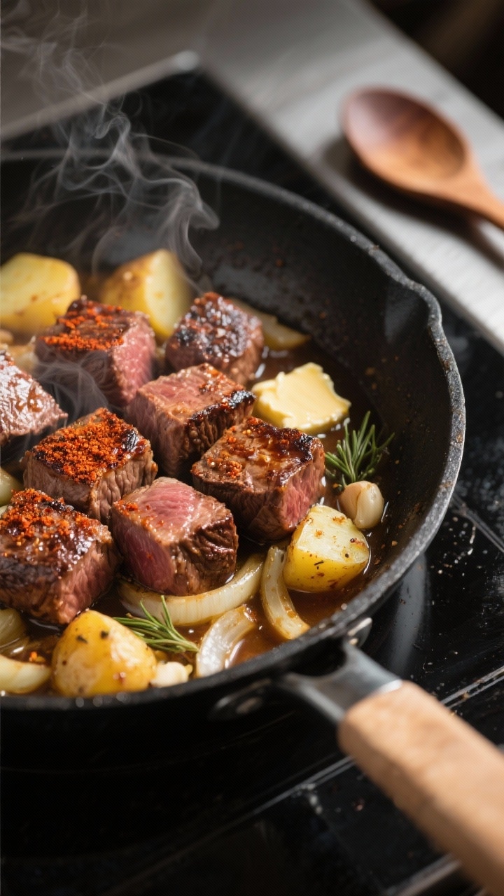 Cooking process close-up: Searing cubed sirloin steak in a skillet until edges are deeply browned, g