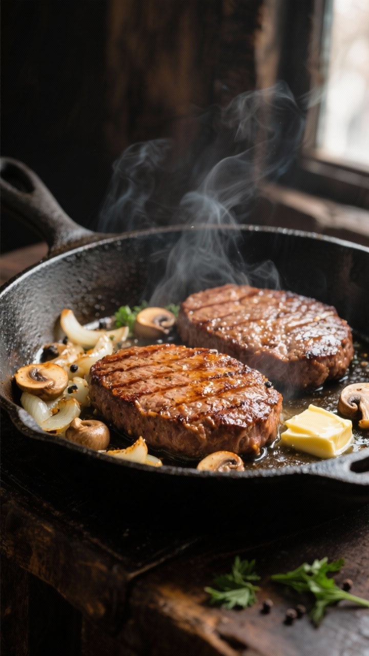 Cooking process close-up: Searing oval hamburger “steaks” in a cast-iron skillet, golden-brown c