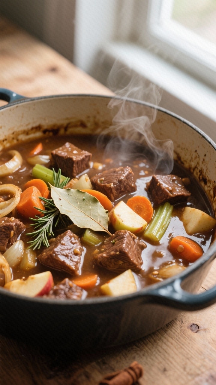Cooking process close-up: Tender apple cider stew simmering in a wide, heavy Dutch oven, glossy grav
