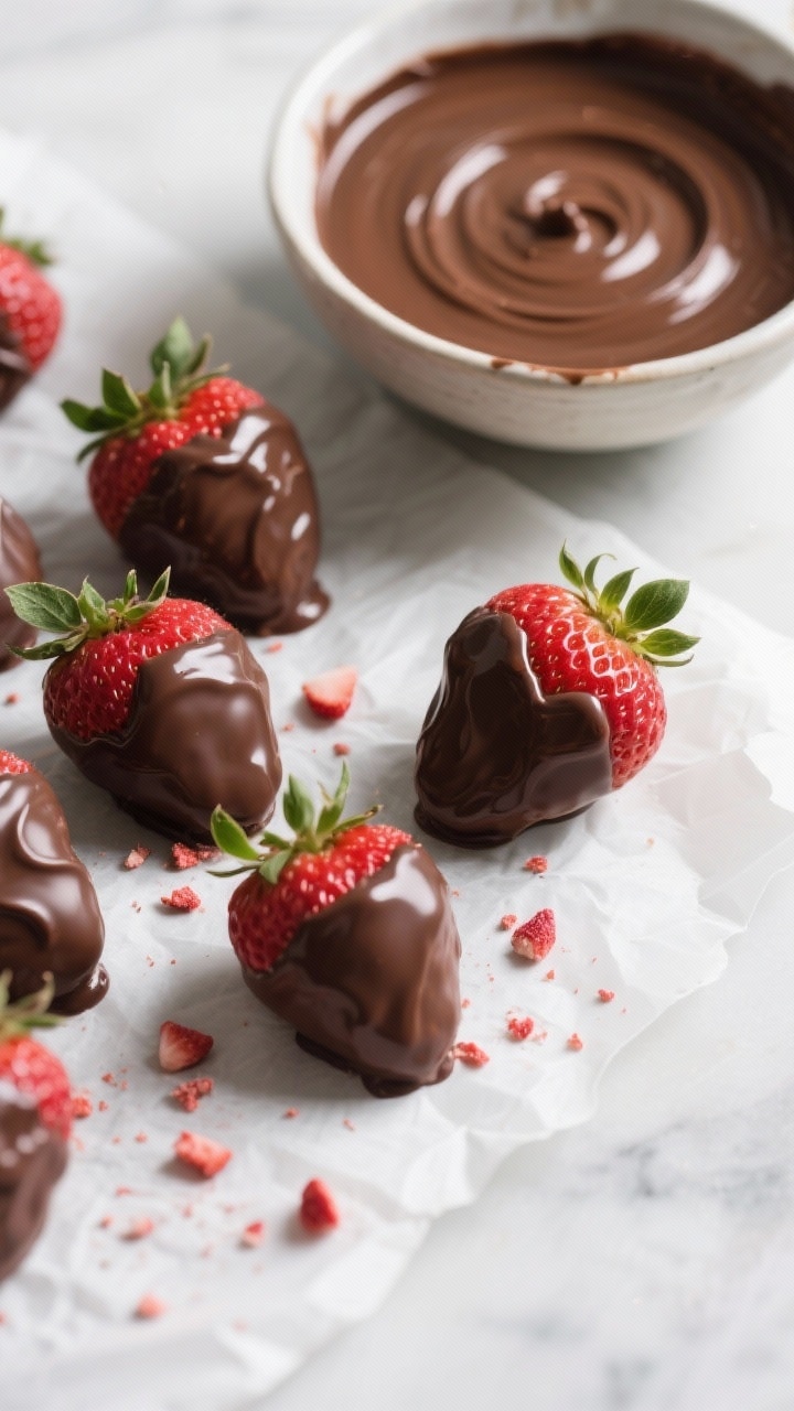 Cooking process: Freshly dipped chocolate-covered strawberries setting on parchment beside a bowl of