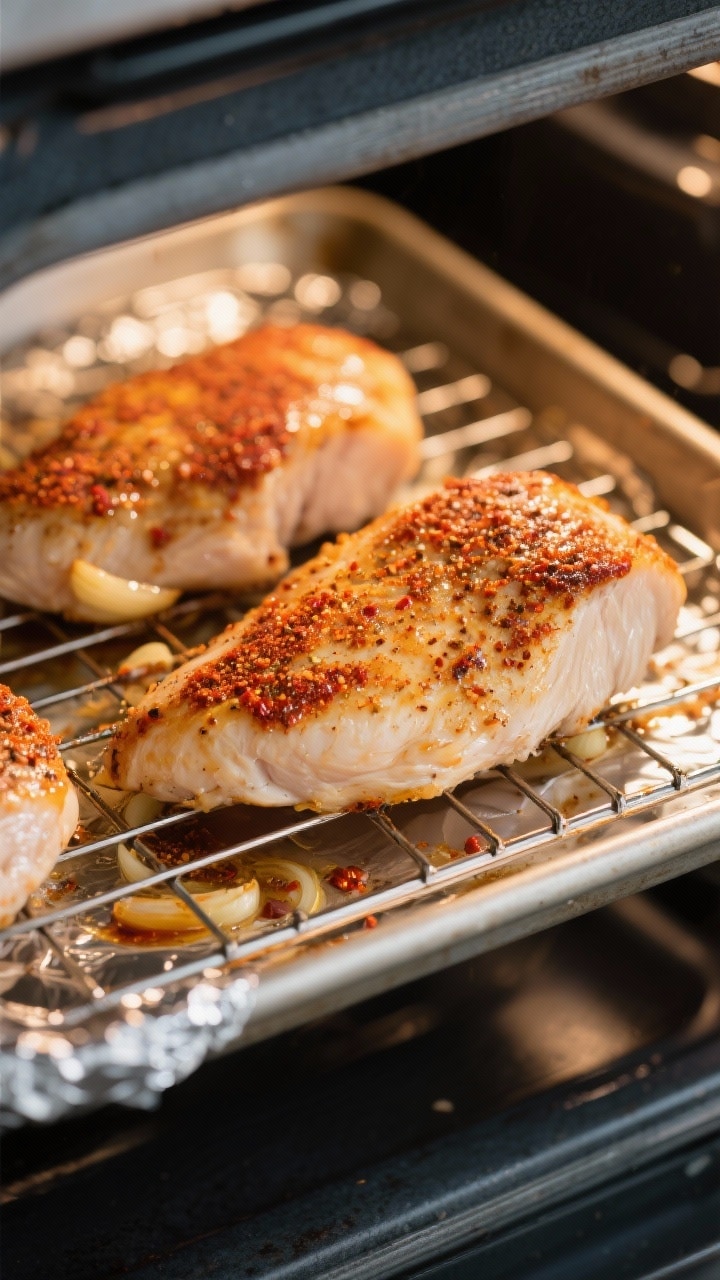 Cooking process – golden crust forming: Boneless, skinless chicken breasts baking on a wire rack s