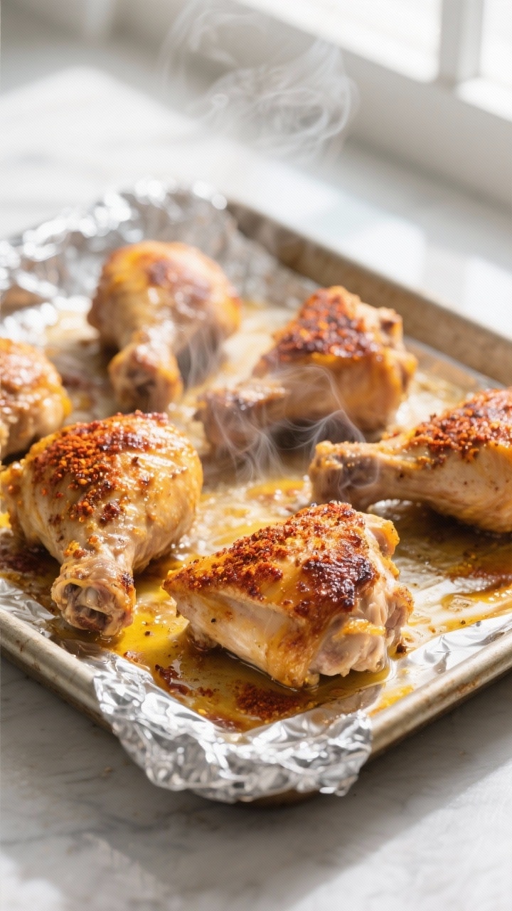 Cooking process: Oven-roasted chicken thighs on a foil-lined sheet pan just after broiling, with dee