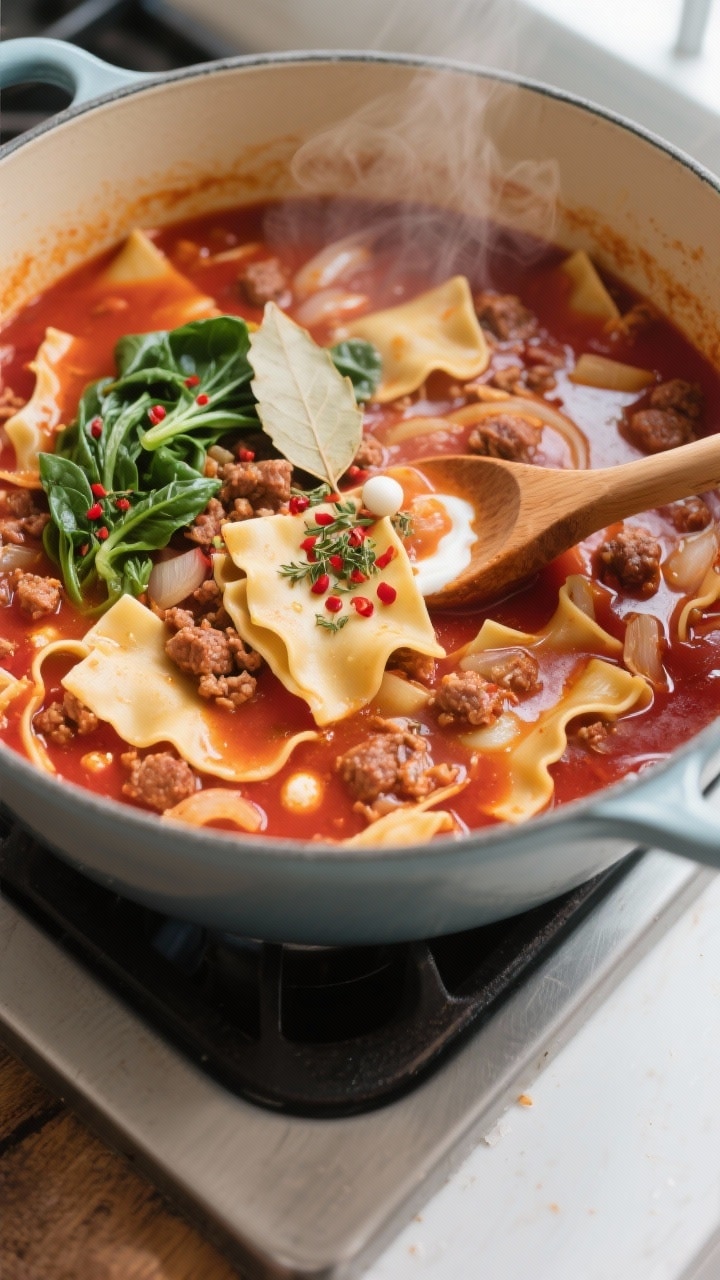 Cooking process, overhead action: Overhead shot of a simmering one-pot lasagna soup in a wide enamel