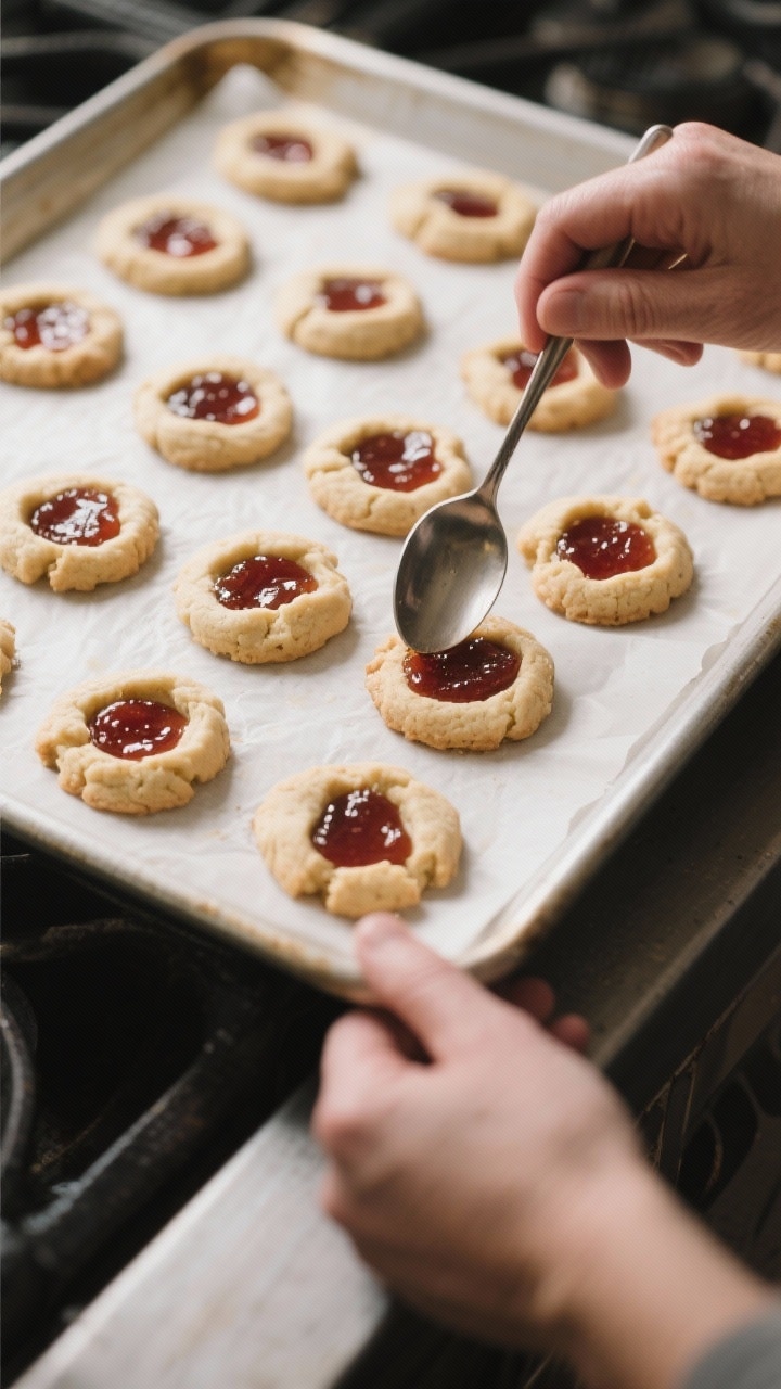 Cooking process: Overhead shot mid-bake hack—baking sheet pulled out slightly with a spoon gently