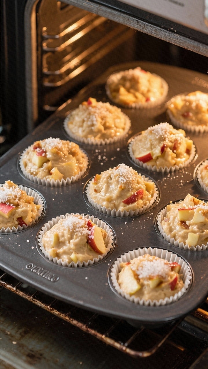 Cooking process: Overhead shot of a 12-cup muffin tin filled nearly to the top with thick, chunky ap