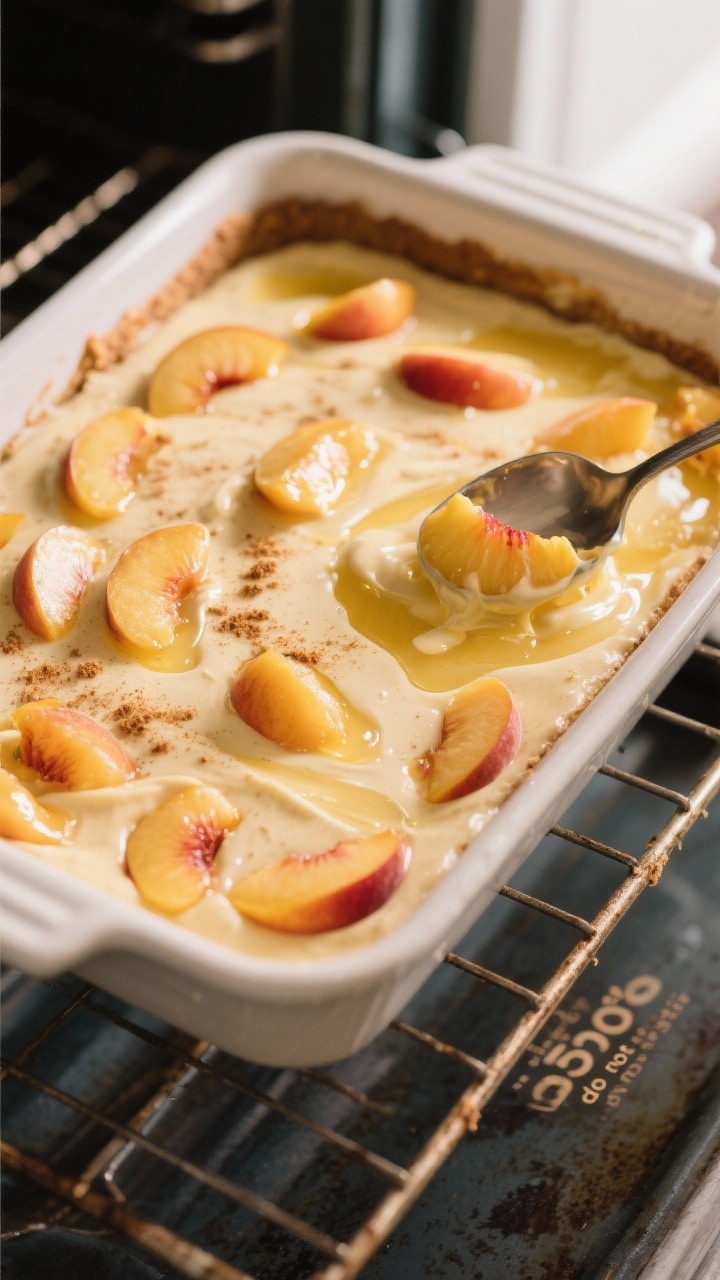 Cooking process: Overhead shot of a 9x13 baking dish just after layering—melted butter shimmering 