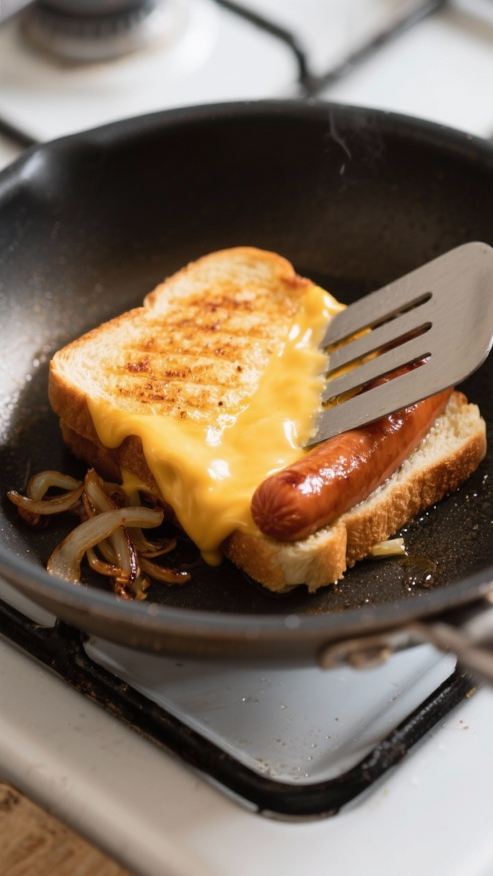 Cooking process: Overhead shot of a grilled cheese hot dog sandwich in a nonstick skillet over mediu