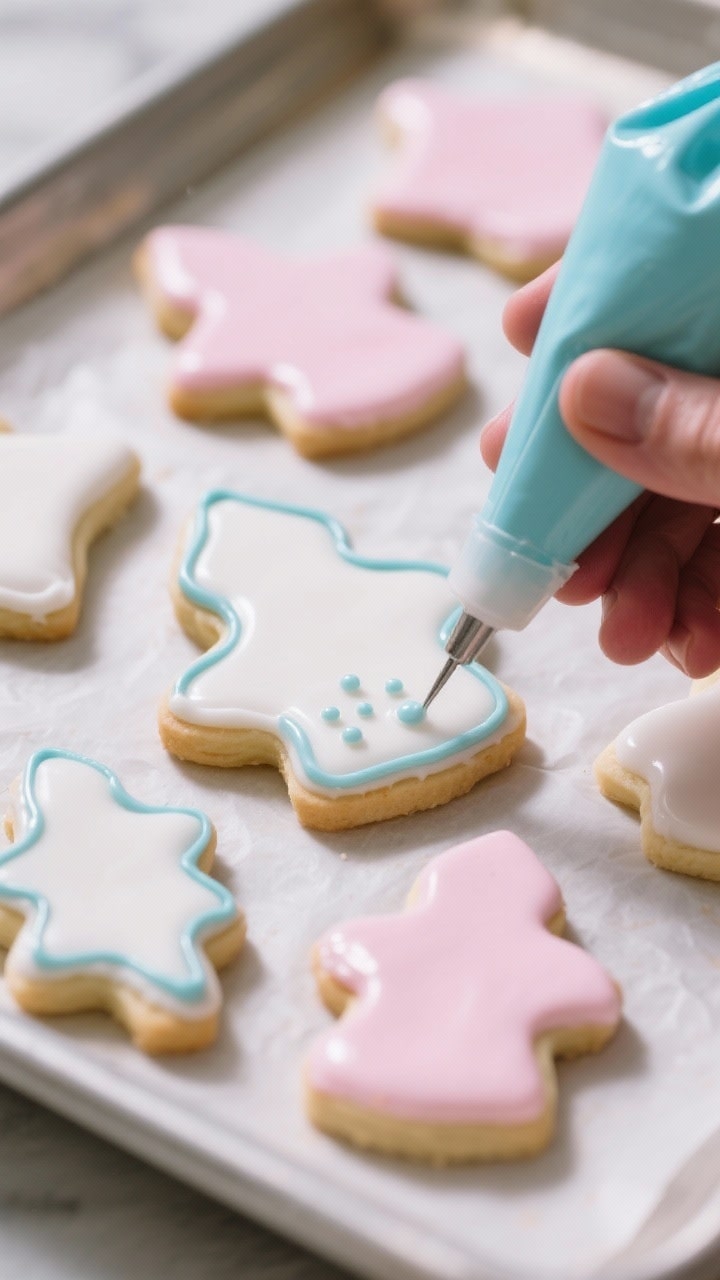 Cooking process: Overhead shot of flooding technique in action—outlined cookie being filled with s