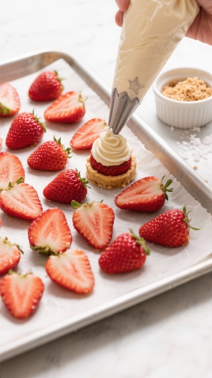 Cooking process: Overhead shot of neatly cored strawberries packed snugly on a parchment-lined sheet