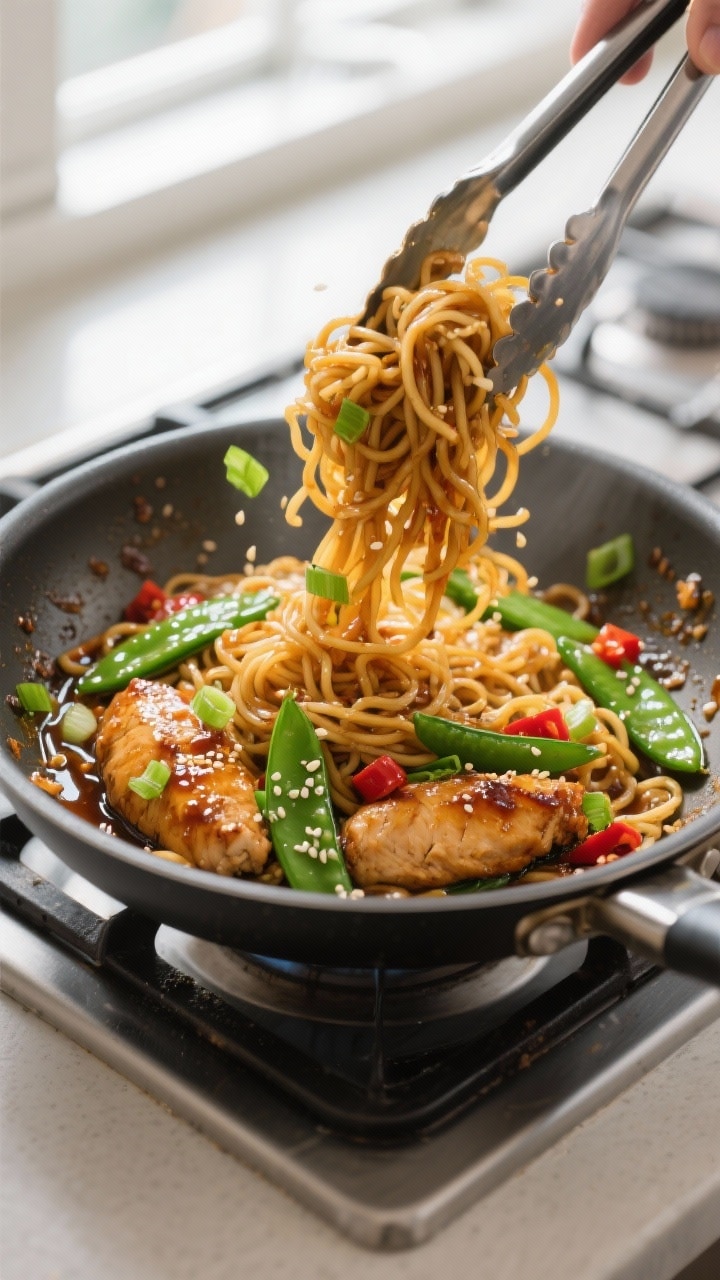 Cooking process: Overhead shot of noodles being tossed back into the pan with the glossy sauce and s