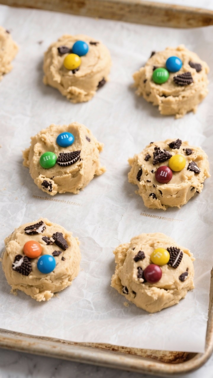 Cooking process: Overhead shot of scooped cookie dough portions on a parchment-lined baking sheet, d