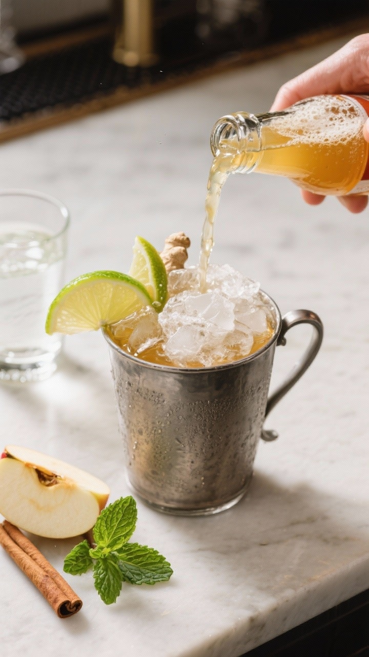 Cooking process: Overhead shot of the Apple Cider Mule being built in a chilled rocks glass—2 ounc