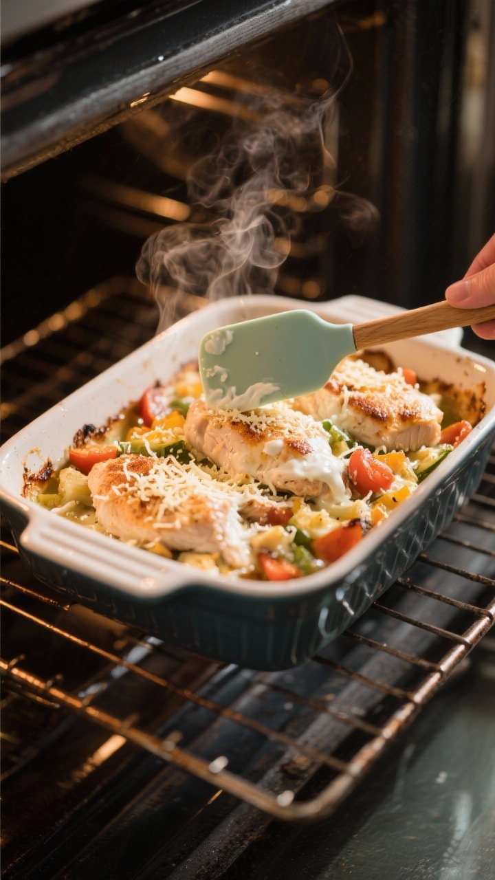 Cooking process: Overhead shot of the assembled bake mid-cook at the 20-minute mark, baking dish on