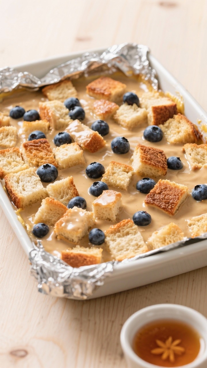 Cooking process: Overhead shot of the assembled casserole in a 9x13 dish right before baking, bread 