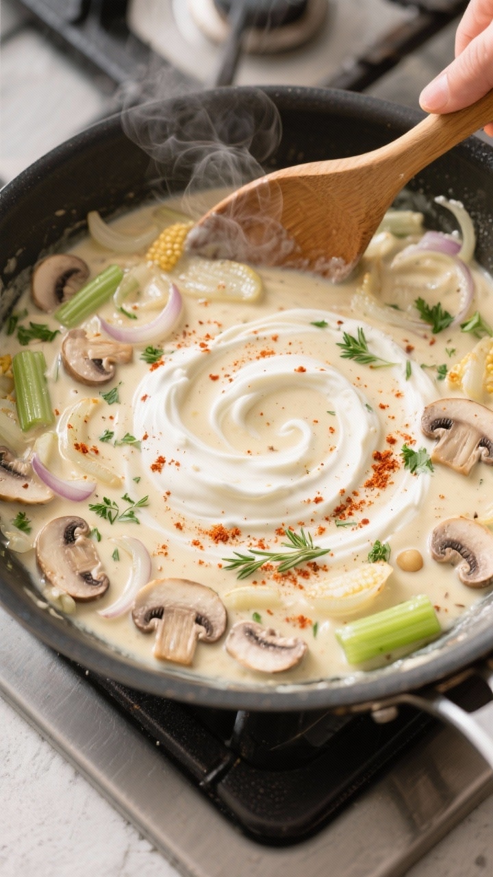 Cooking process: Overhead shot of the creamy filling in a skillet at the “make the creamy base”