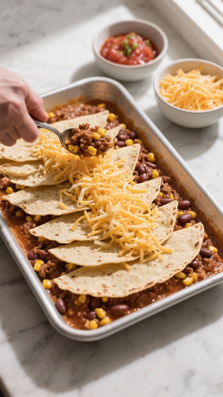 Cooking process: Overhead shot of the layering stage in a 9x13 dish—thin base smear of the thick, 