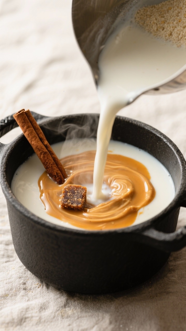 Cooking process: Overhead shot of the masa harina slurry being streamed into the steaming milk-cinna