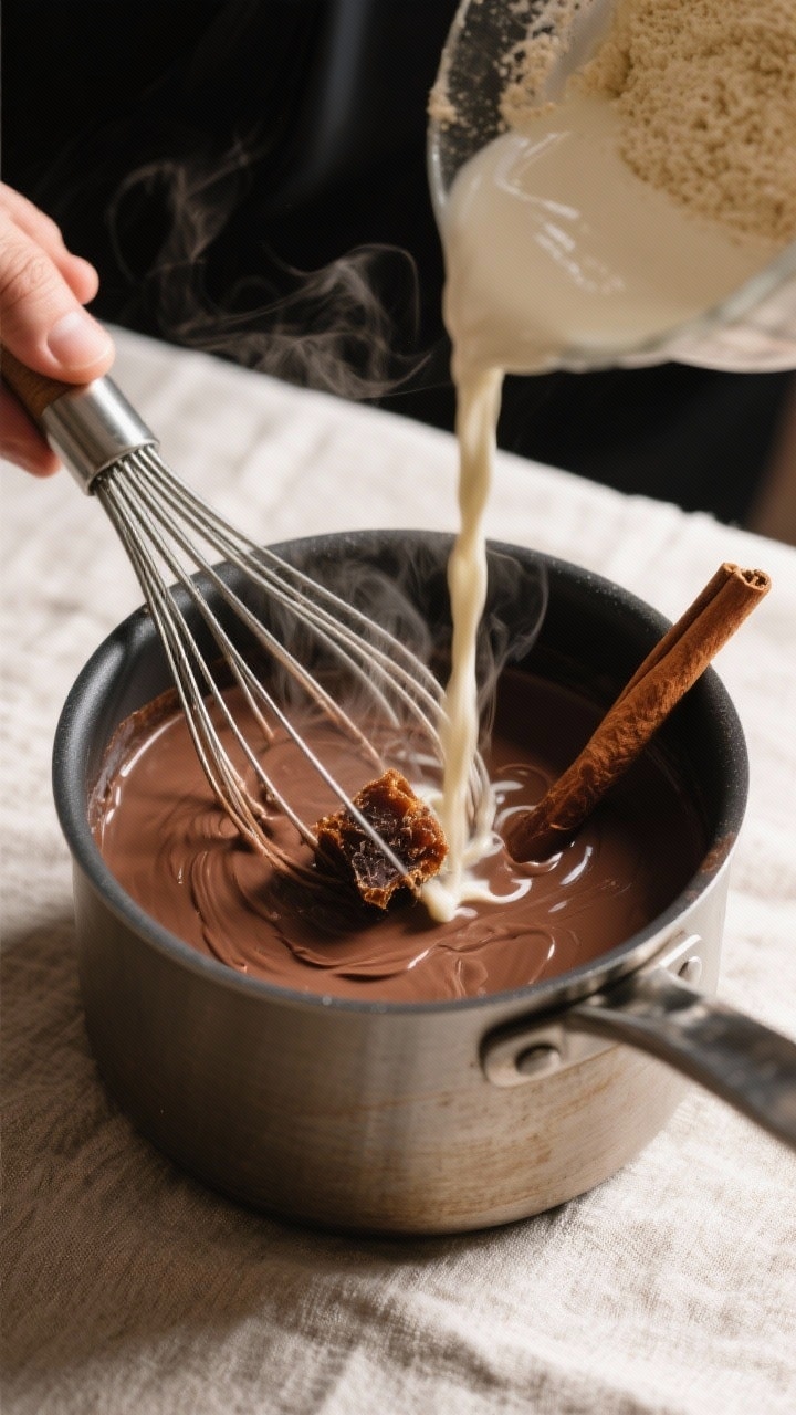 Cooking process: Overhead shot of the masa harina slurry being whisked into the steaming chocolate-m