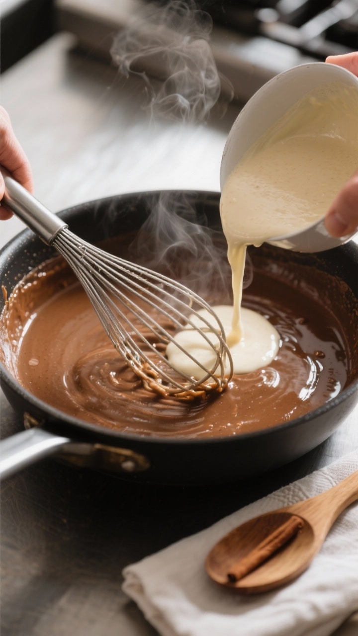Cooking process: Overhead shot of the masa slurry being whisked into the hot cinnamon-infused base,
