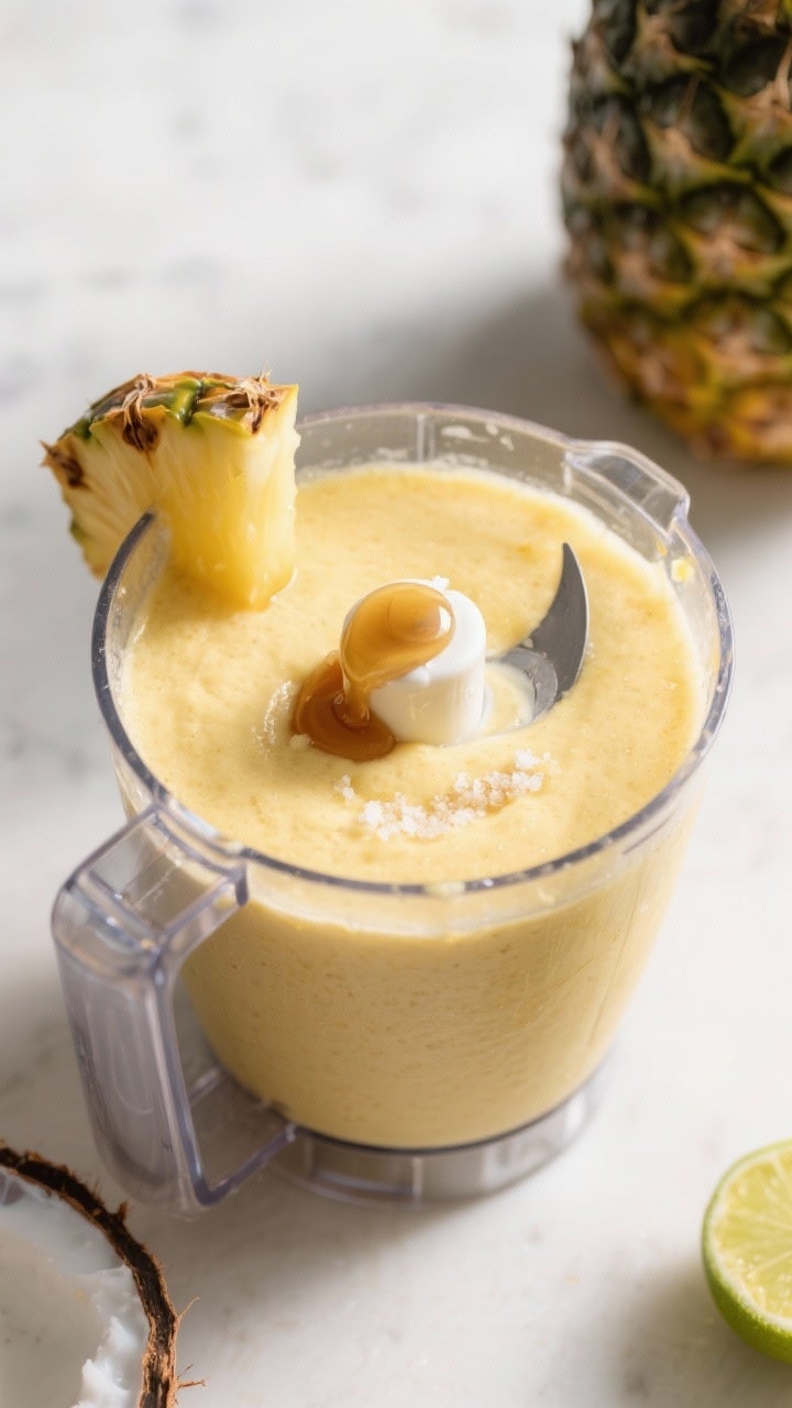 Cooking process: Overhead shot of the pineapple base being blended to a creamy, smoothie-like consis