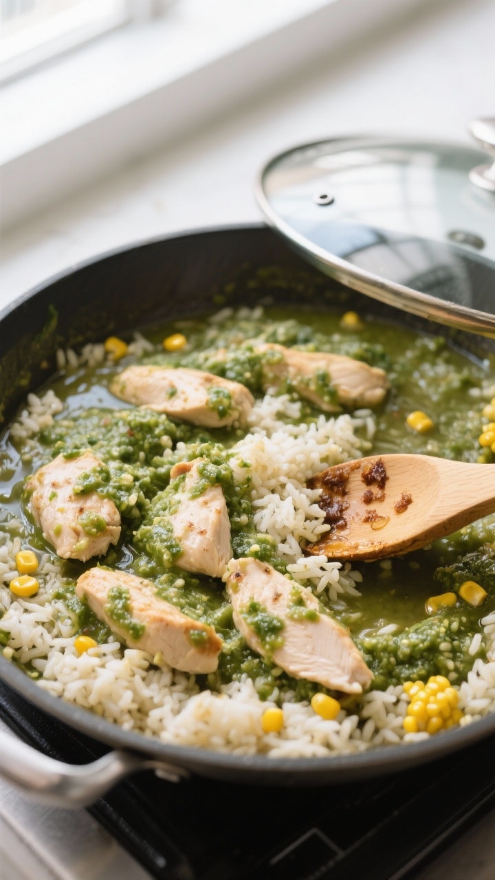 Cooking process: Overhead shot of the salsa verde chicken rice simmering covered-then-just-uncovered