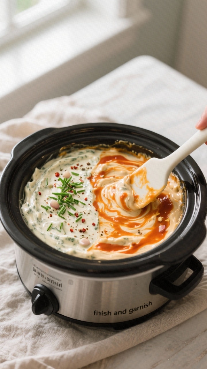 Cooking process: Overhead shot of the slow cooker just after stirring, the dip fully melted and crea