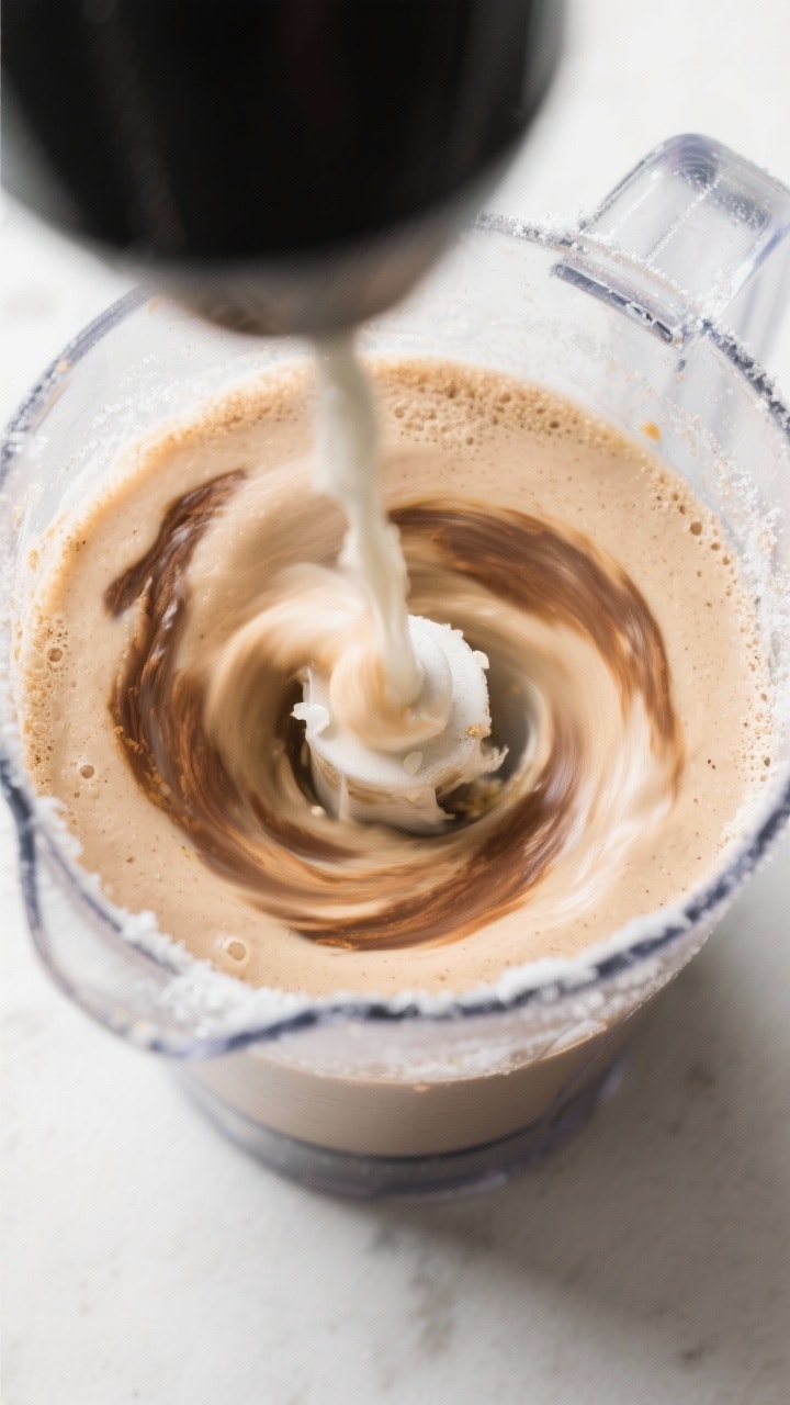 Cooking process: Overhead shot of the smoothie blending in a glass blender jar—silky, light-tan mi