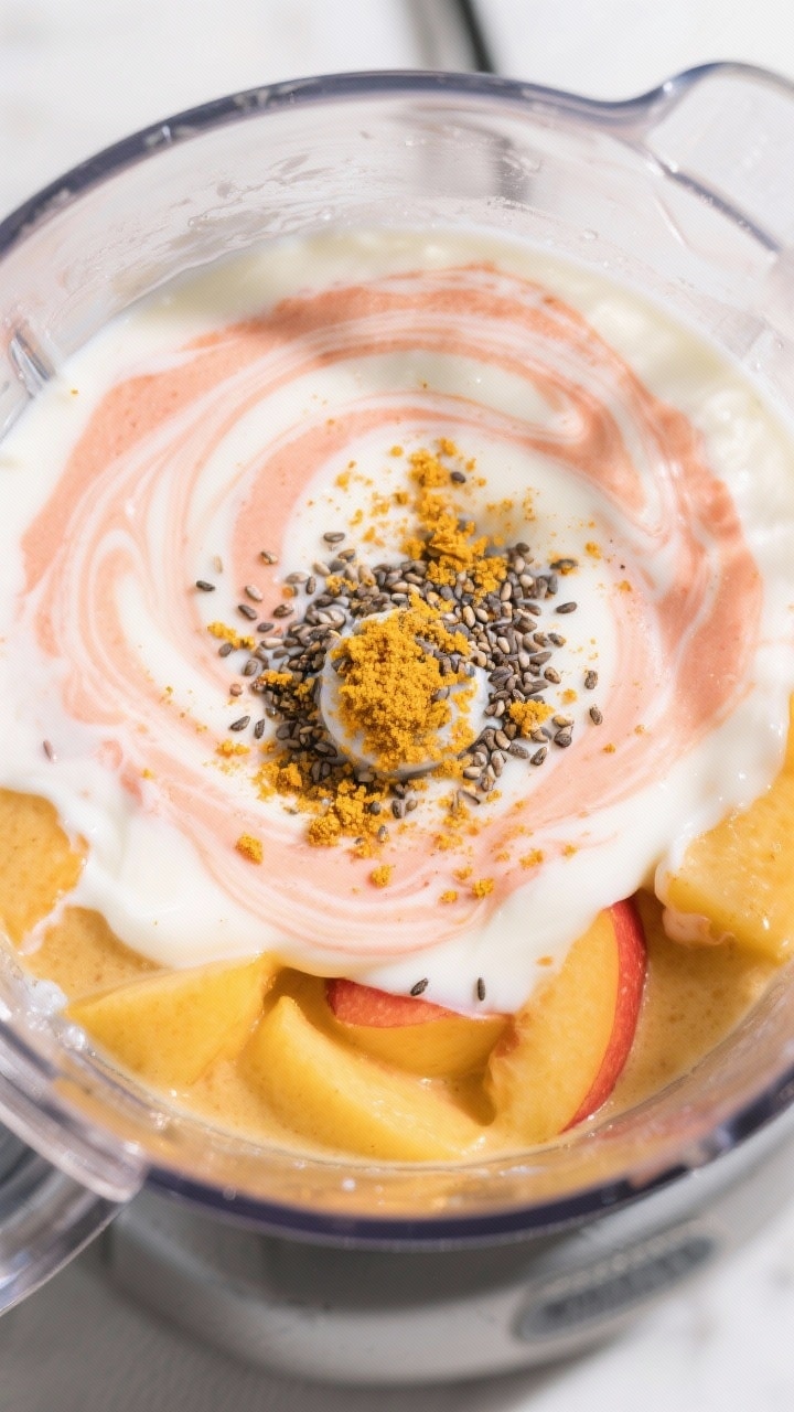 Cooking process: Overhead shot of the smoothie mid-blend in a high-speed blender, creamy swirl vorte