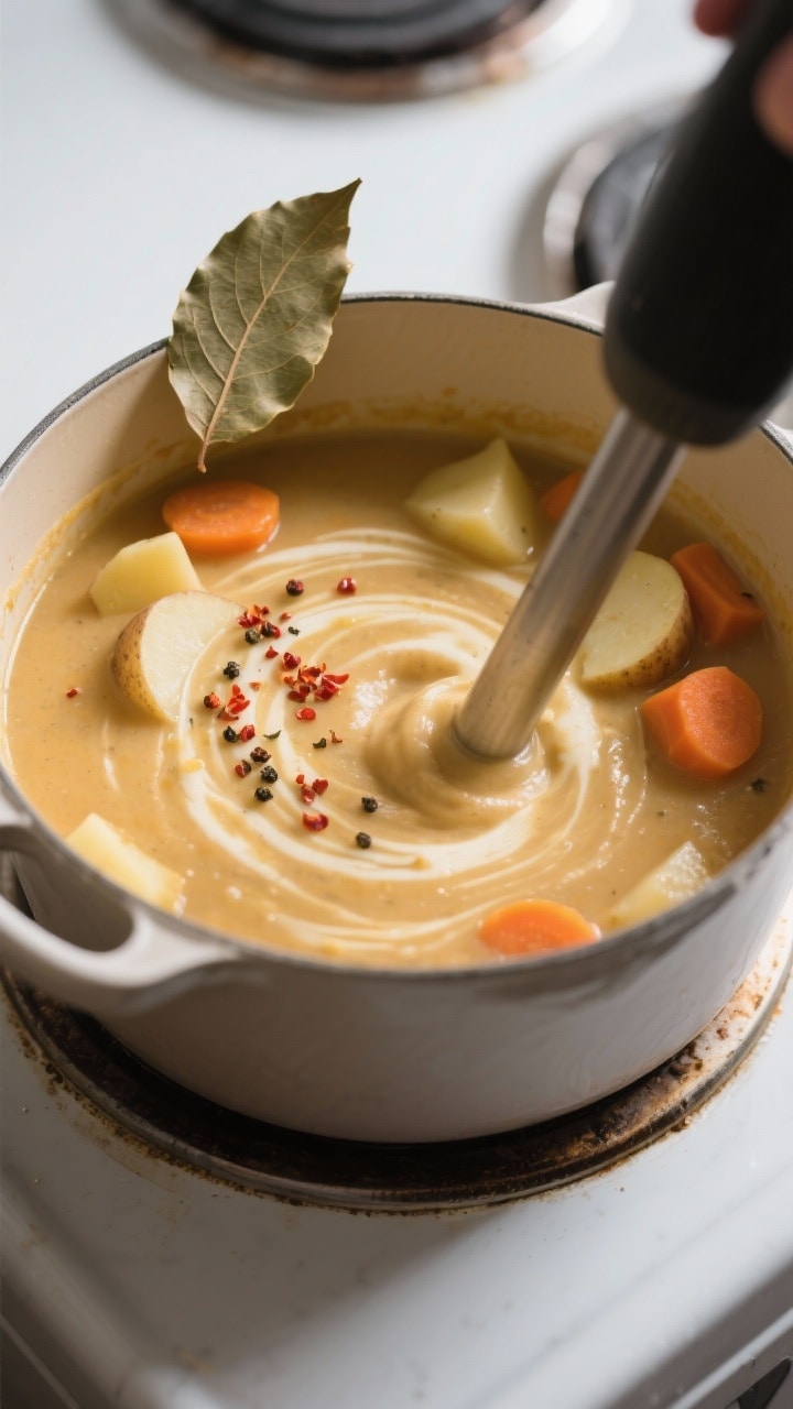 Cooking process: Overhead shot of the soup right after partial blending in the pot, with a visible s
