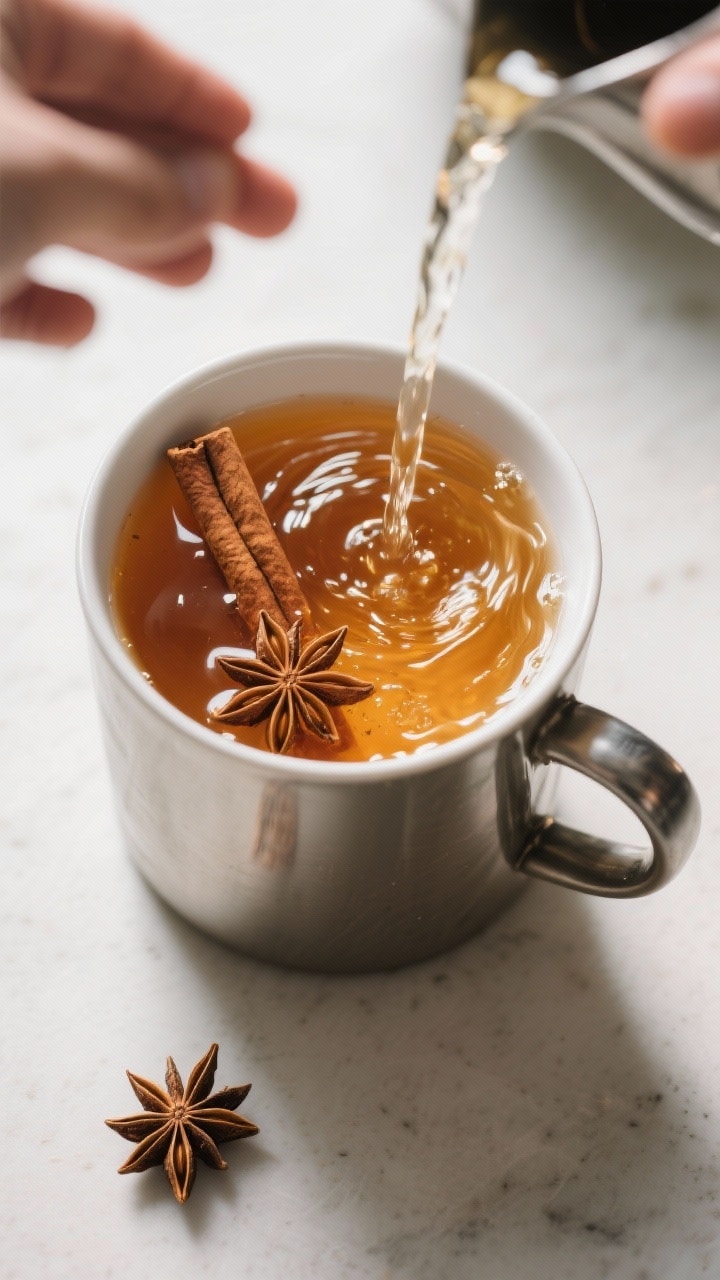 Cooking process: Overhead shot of the spiced honey water being built in a preheated mug—honey glis