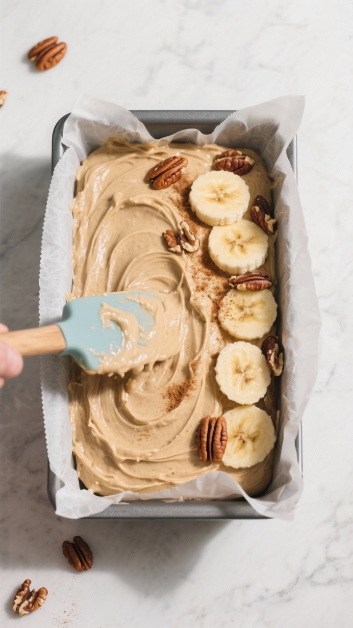 Cooking process: overhead shot of thick, scoopable batter being smoothed into a parchment-lined 9x5-
