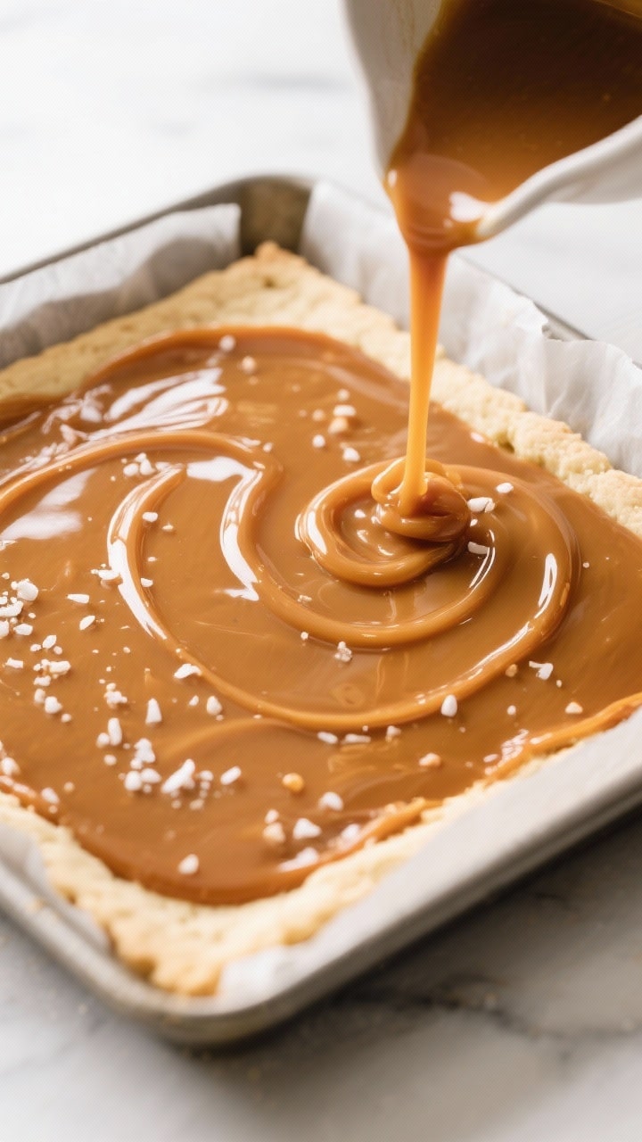 Cooking process: Overhead shot of warm caramel being poured in a glossy ribbon over a hot, par-baked