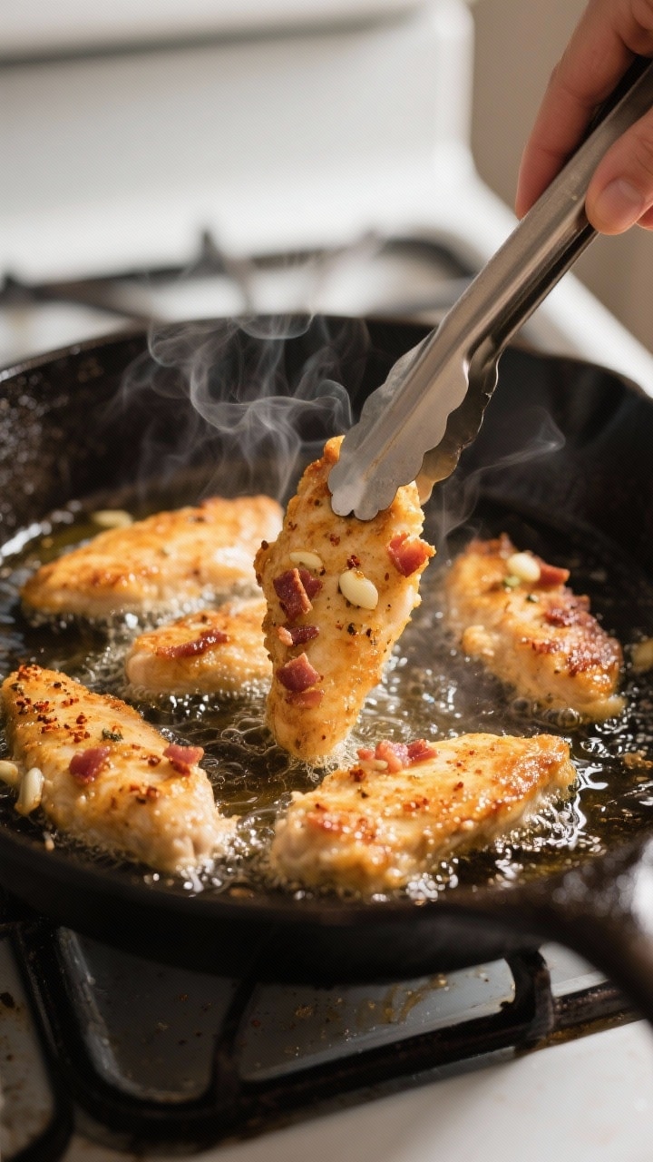 Cooking process: Pan-frying scene with several crack chicken tenders sizzling in a shallow layer of