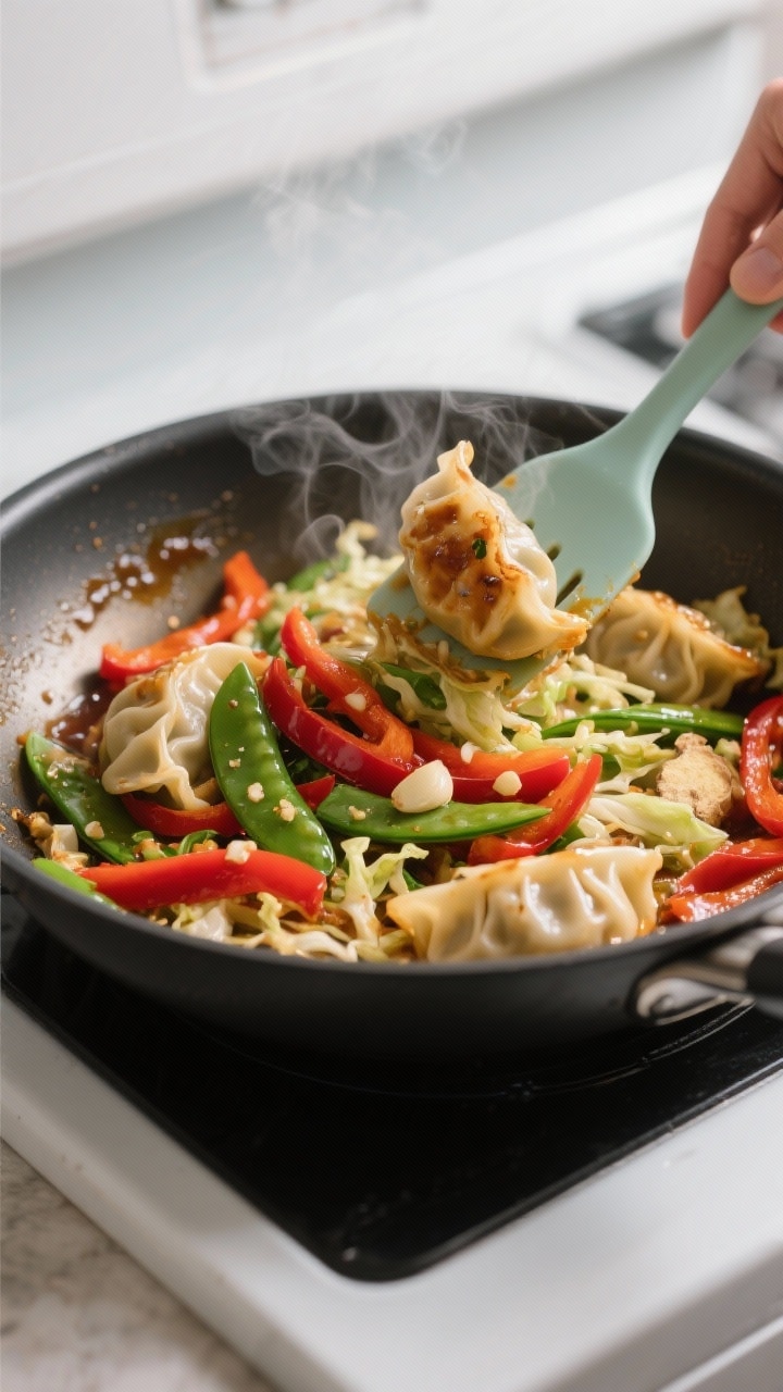 Cooking process: Potsticker stir fry mid-cook in a wide nonstick skillet—vibrant red bell pepper s