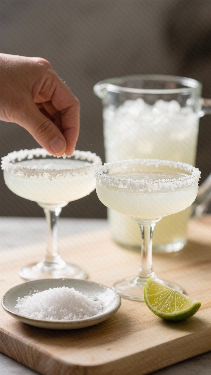 Cooking process: Preparing the glass rims—close crop of two margarita glasses just after being dip
