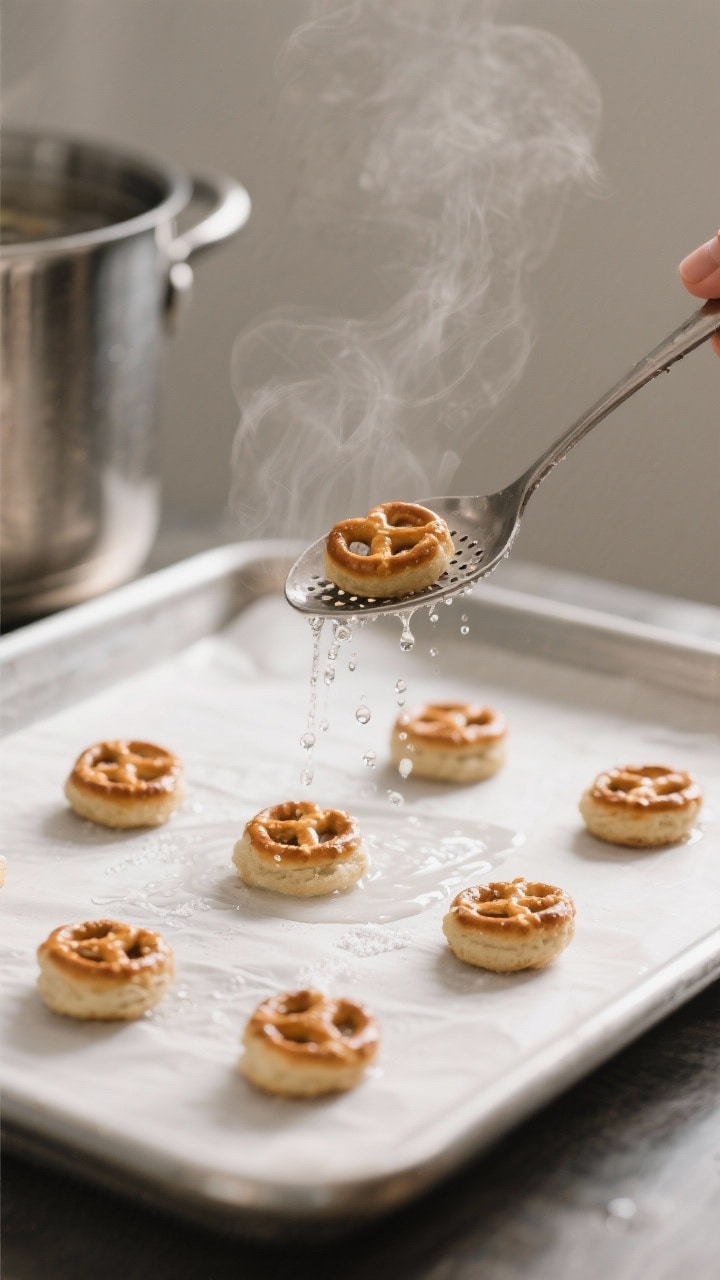 Cooking process: Pretzel bites being lifted from a simmering baking soda bath with a slotted spoon, 