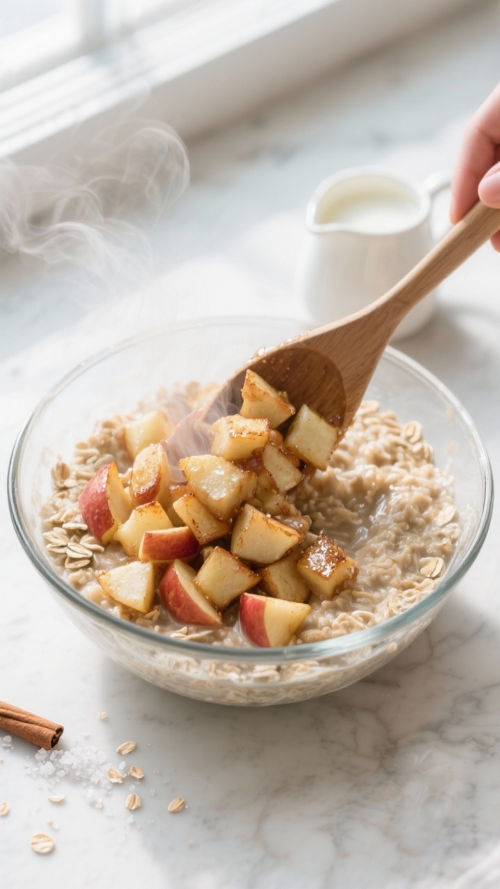 Cooking process: Sautéed apple “pie-like” topping being folded into the prepared oats in a clea