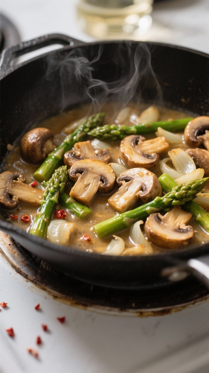Cooking process: Sautéed mushrooms and asparagus in a large skillet mid-cook, golden-brown cremini 