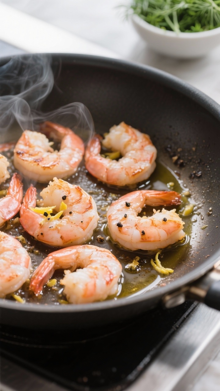 Cooking process: Sautéed shrimp in a shallow skillet just after flipping, curled pink and opaque wi