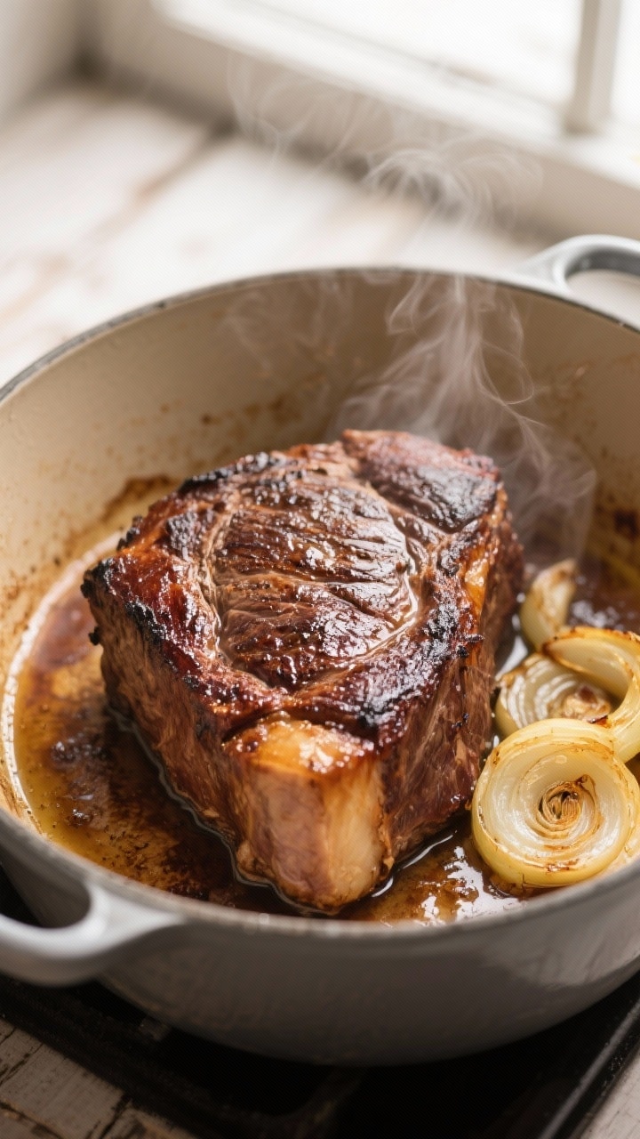 Cooking process — Searing stage: Close-up of a well-browned chuck roast in a Dutch oven, sizzling 