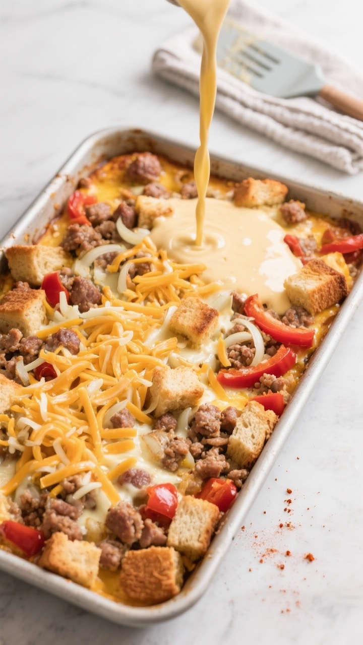 Cooking process shot: A 9x13-inch baking dish of assembled cheesy sausage breakfast casserole just a