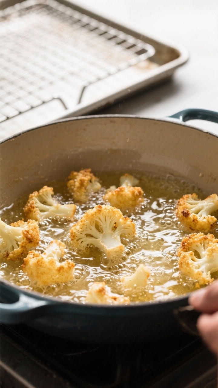Cooking process shot: battered cauliflower florets frying in a Dutch oven at 350–360°F, vigorous 