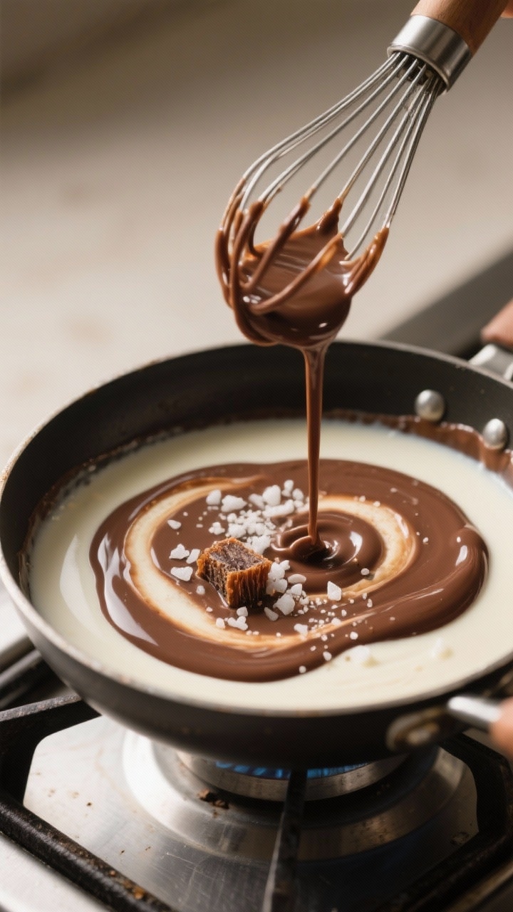Cooking process shot: champurrado being whisked smooth as melted Mexican chocolate and piloncillo di
