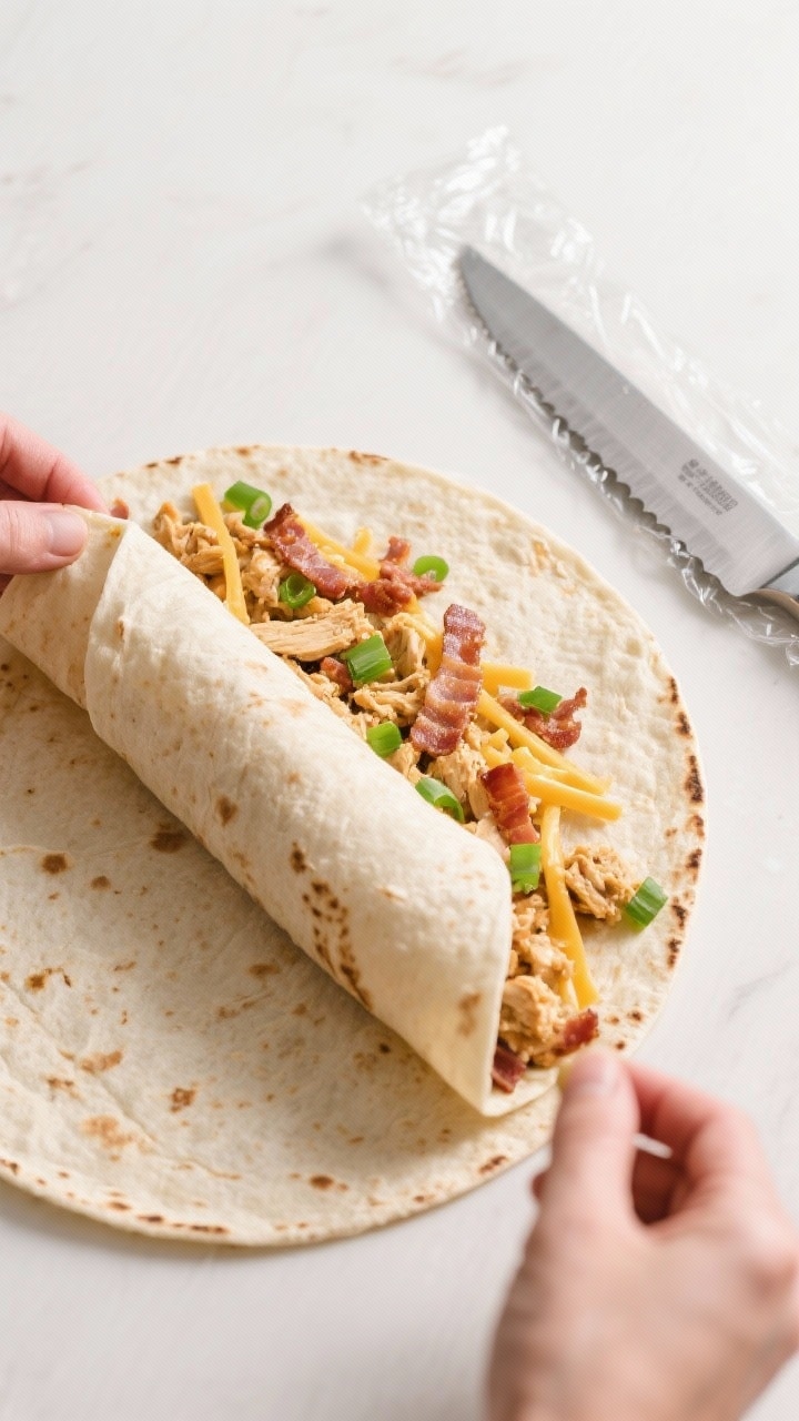 Cooking process shot: Overhead view of a tortilla being filled and rolled—an even, thin layer of t