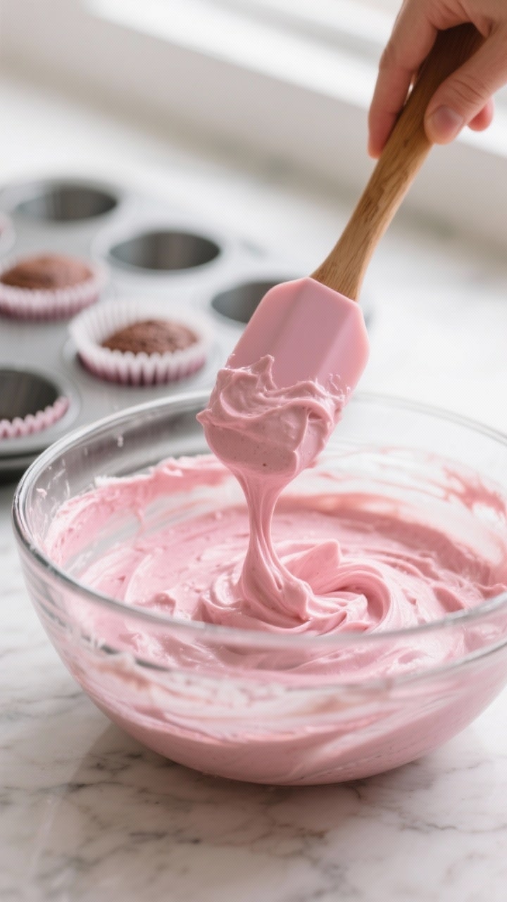 Cooking process shot: Pink velvet cupcake batter being gently folded just until no dry streaks remai