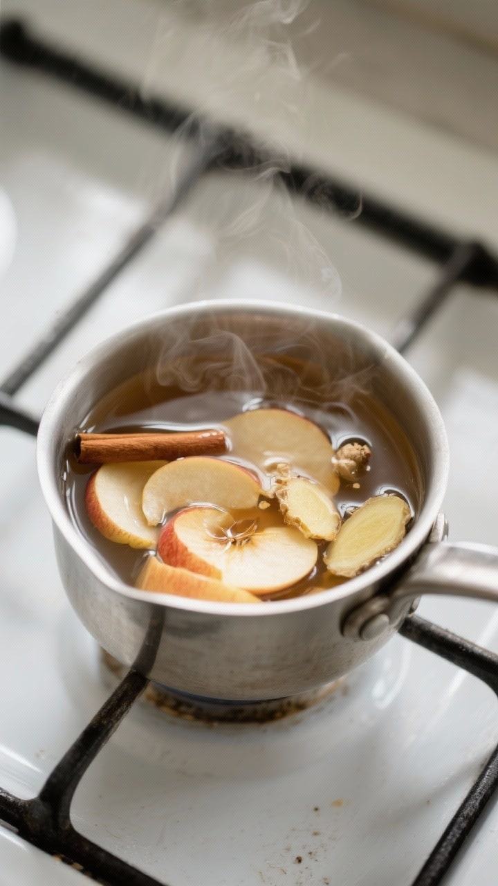 Cooking process: Small saucepan at a gentle simmer with apple peel tea in progress—translucent app