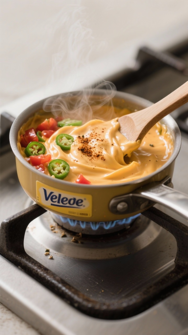 Cooking process, stovetop: Velveeta queso dip melting in a small saucepan over low heat, silky ribbo